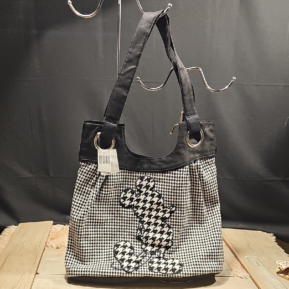 Mickey Hobo Black & White Houndstooth Tote Bag with Mickey Silhouette